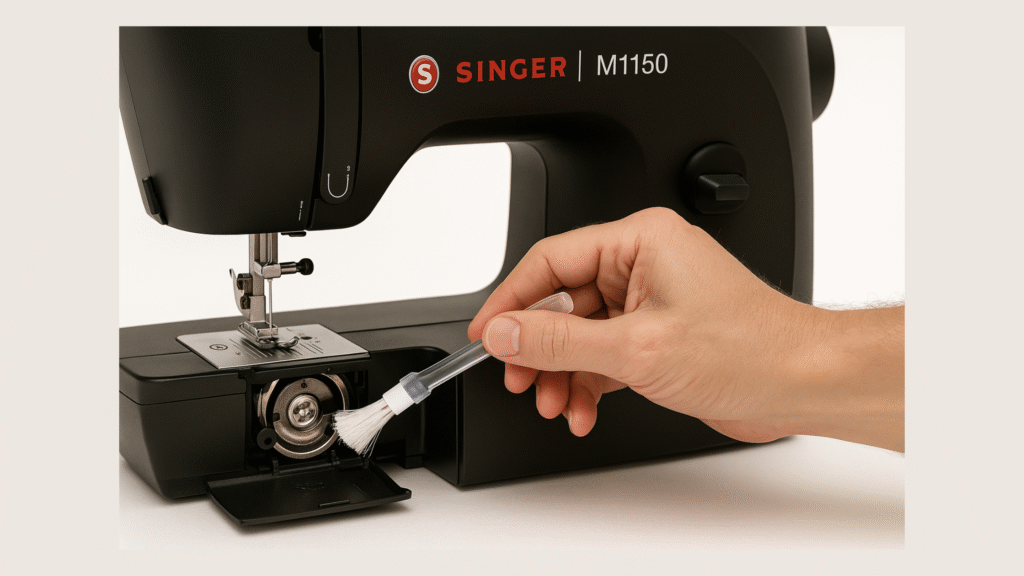 Brushing lint from Singer M1150 bobbin area for routine maintenance