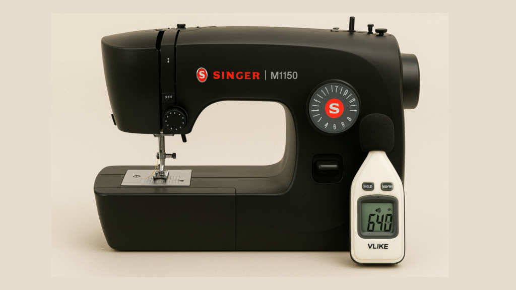 Sound-meter reads 64 dB while Singer M1150 sews at full speed