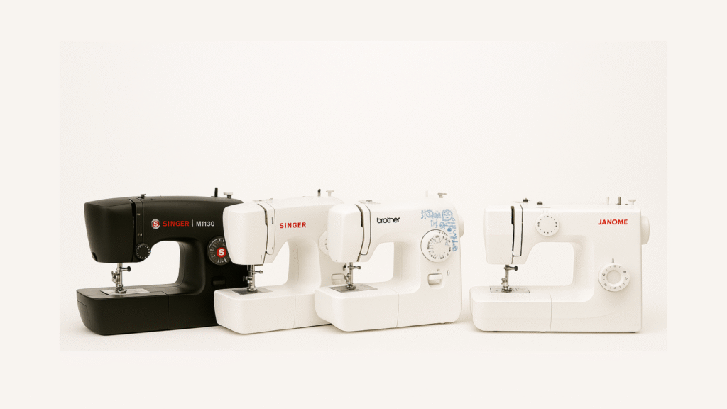 Size comparison—Singer M1150 beside M1500, Brother XM2701, Start 1304 and Janome 2212
