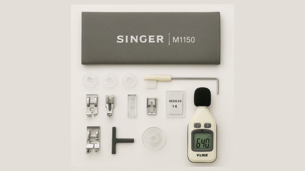 All accessories included with Singer M1150 arranged on white background