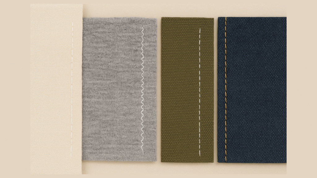 Sample stitch lines from Singer M1150 on cotton, knit jersey, canvas and denim