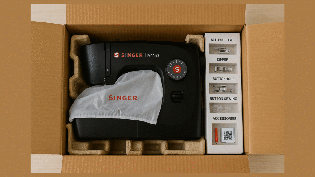 Unboxing the Singer M1150 sewing machine cradled in recycled pulp inserts with accessory tray
